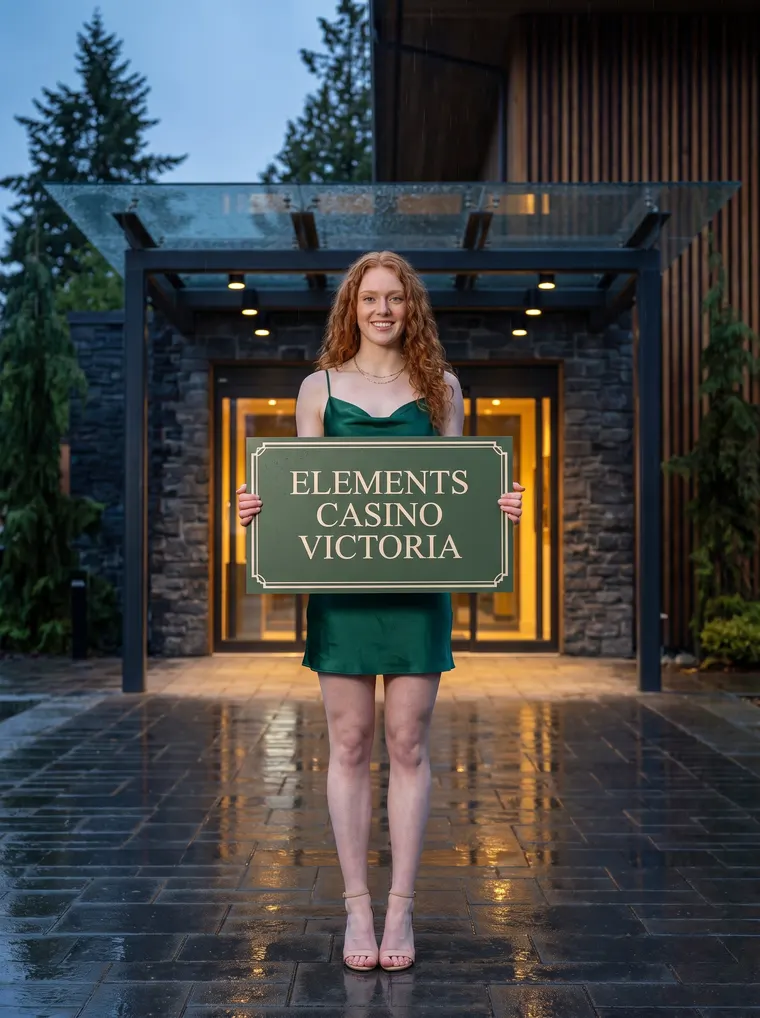 Isla Whitcombe, the guide's host, holds a sign reading Elements Casino Victoria under a glass canopy after rain. She is a character created for the guide; AI-generated image, not a photograph of the casino.